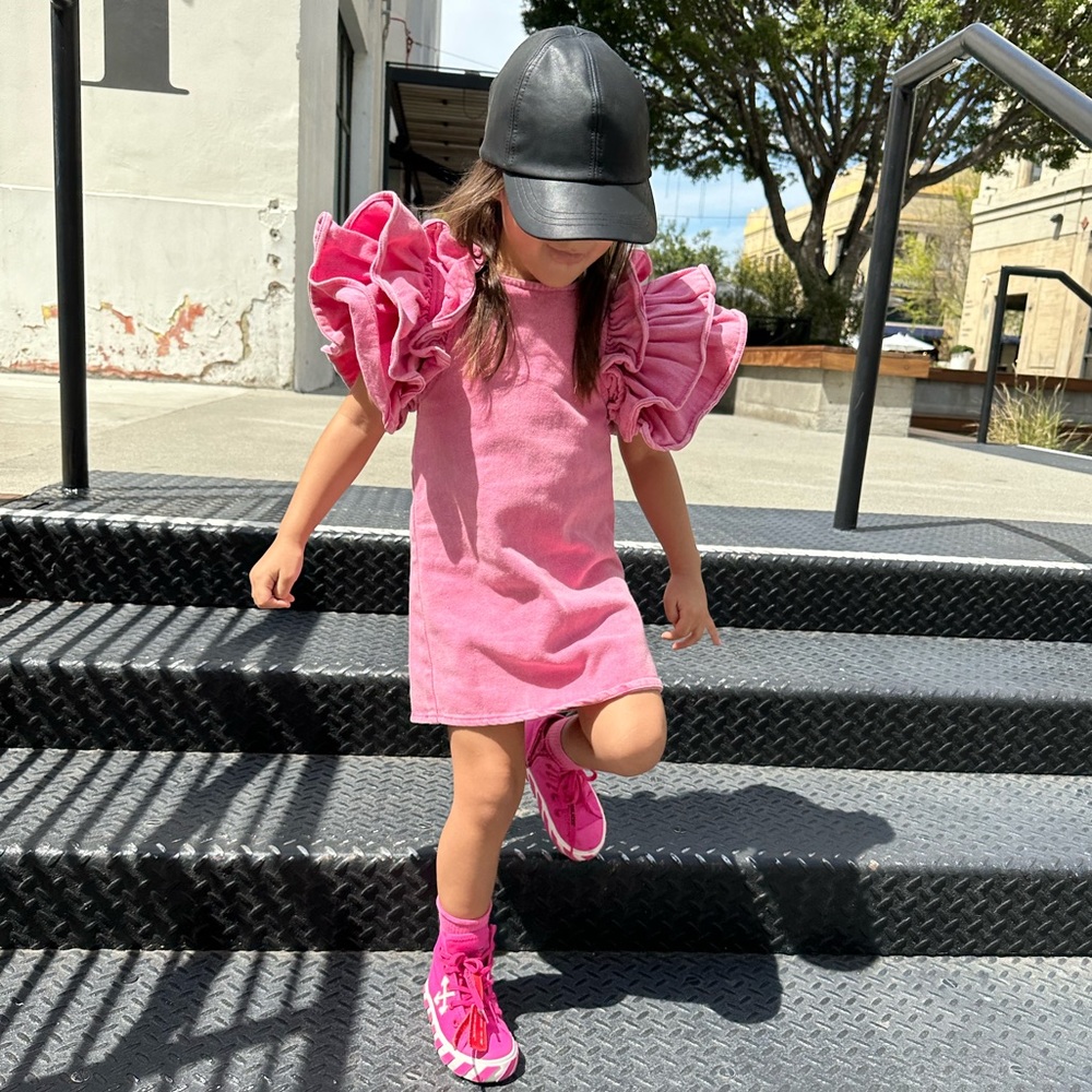 PINK RUFFLE DENIM DRESS